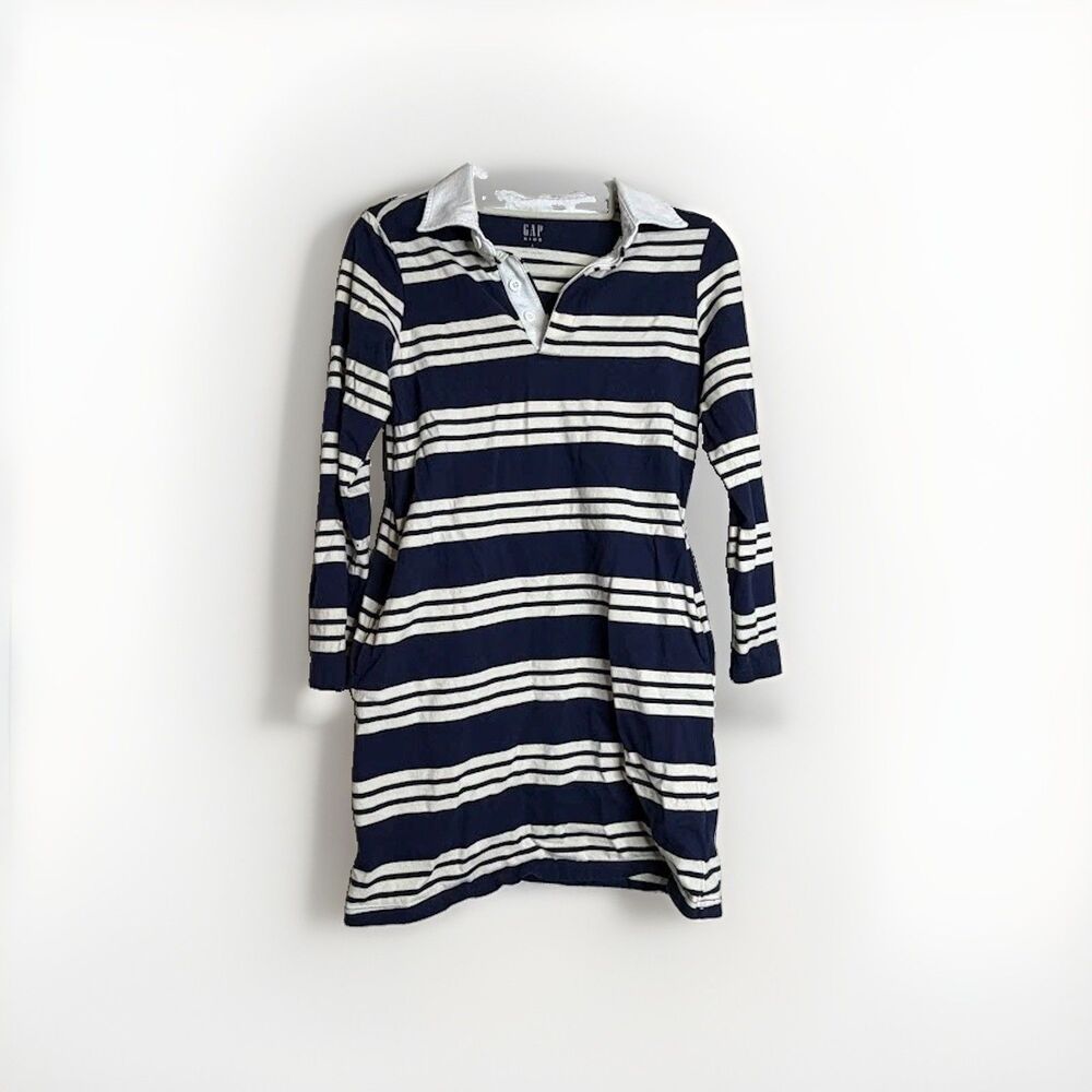 Gap Kids Girls Navy Blue White Striped Long Sleeve Rugby Polo Dress Size Large